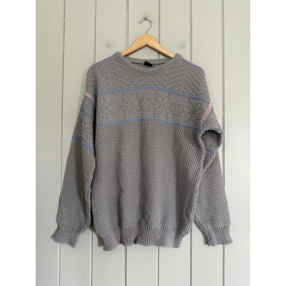 Dale of Norway Men's Wool Pullover Sweater 50 M/L Crew Neck Solid Gray Pink Blue